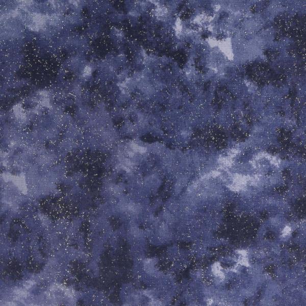 Baumwolldruck Batikoptik mit Silberglitzersprengel auf Blau